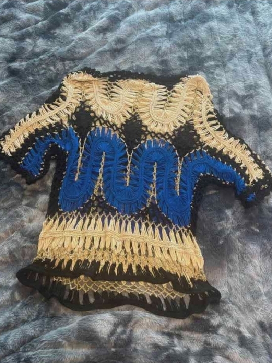 Vivid Collection of NY Sweaters - Women’s Crochet Poncho Shrug - Blue & Beige